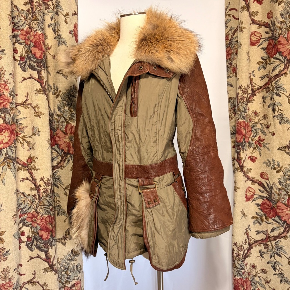Luigi Pirendelli Stunning Olive Green Leather Raccoon Fur Trim Parka Jacket